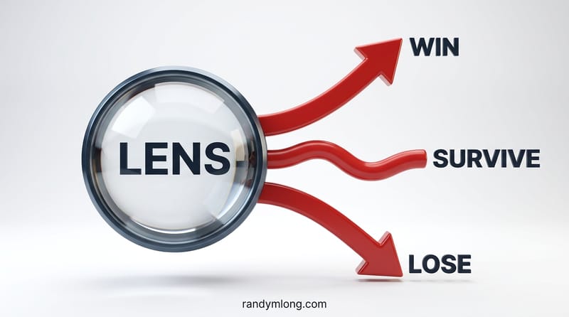 Diagram showing the lens and three paths: how Randy Long's advisory lens reveals whether a business is on the path to winning, surviving, or losing